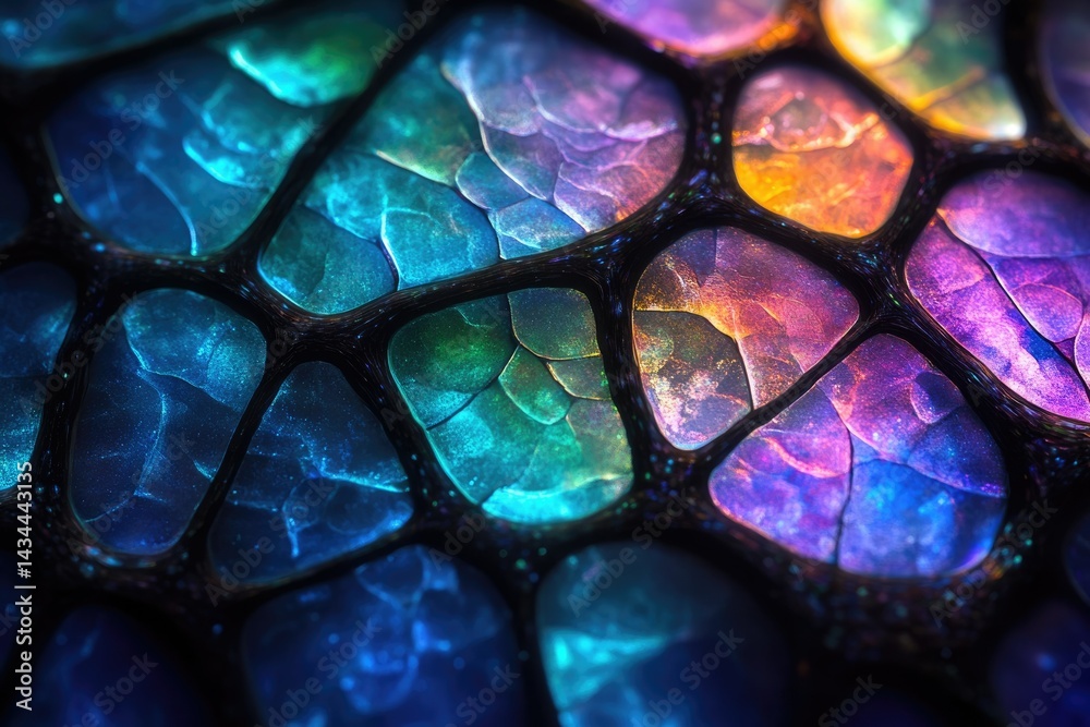 Intricate network of iridescent, gemstone-like structures, glowing with vibrant colors. Intricate network of iridescent, gemstone-like structures, glowing with vibrant colors.