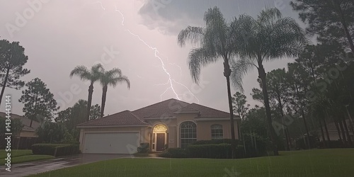 Dramatic image of a lightning strike during a thunderstorm over a suburban home with palm trees.