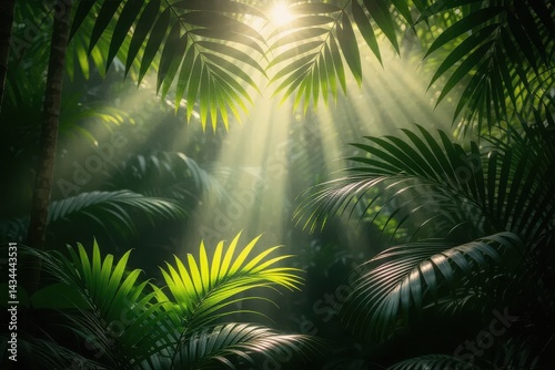 Sunlight Streaming Through Lush Green Jungle Canopy

