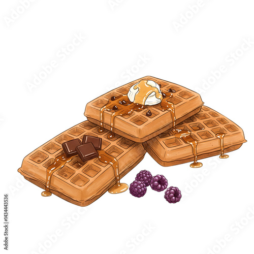 Stack of Belgian Waffles with Toppings on transparent background