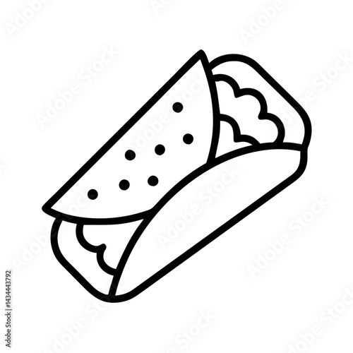 Delicious burrito vector illustration: mexican food, wrap, tortilla, outline drawing, icon