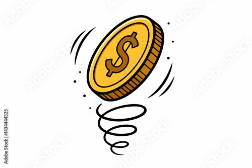 Bouncing gold dollar coin vector illustration. Cartoon money symbol jumping on a spring. Financial concept of opportunity, luck, investment growth, and economic rebound. Simple flat design icon.