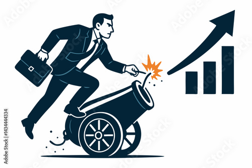 Ambitious entrepreneur in suit lights cannon for explosive business growth, symbolizing launching a successful startup, achieving sales targets, and rapid financial increase.