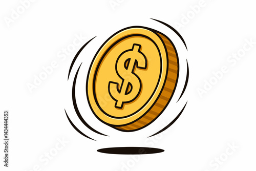 Flipping gold coin with dollar sign vector: Cartoon illustration symbolizing chance, opportunity, wealth, finance, investment, and economic decisions. Isolated graphic element.
