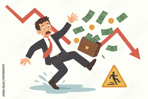Vector illustration of businessman slipping on wet floor, losing money from briefcase, symbolizing financial crisis, investment failure, market crash risk, economic downturn, and warning.
