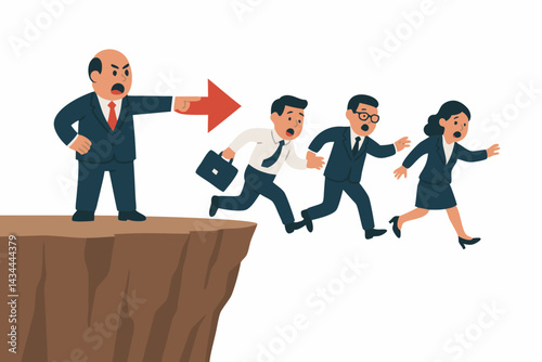Angry manager commands panicked business team to run off cliff edge, vector illustration symbolizing bad leadership, corporate pressure, failure, crisis, and blind obedience.