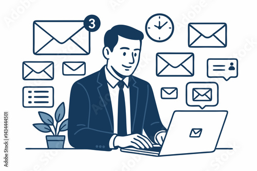 Professional businessman efficiently managing email inbox on laptop. Clean line art vector illustration depicting office productivity, communication workflow, and time management concepts.