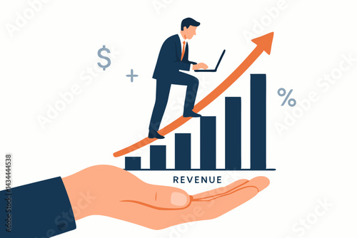 Supportive hand holding a rising revenue graph where a determined businessman climbs upwards with a laptop, vector illustration concept for financial growth and success.