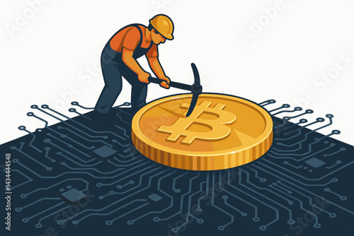 Bitcoin mining metaphor: Small cartoon miner figure with hard hat and pickaxe works on a large BTC coin embedded in a complex circuit board, illustrating digital currency extraction.