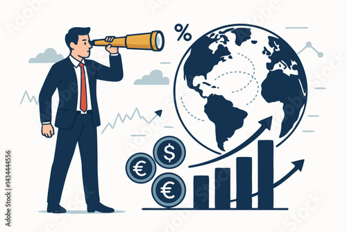 Businessman with telescope symbolizing visionary business forecasting, analyzing global economic trends, financial growth charts, currency exchange, and market outlook. Vector illustration.