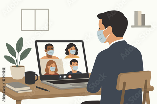 Professional man participates in virtual business meeting with diverse colleagues seen on laptop screen, everyone wearing face masks for protection. Remote work safety concept.