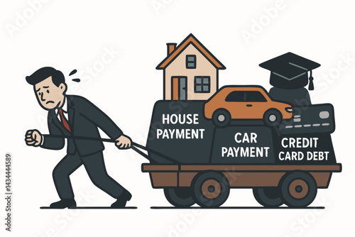 Vector illustration of financial stress: Man struggling with heavy debt load including mortgage, auto loan, credit card bills, and education costs shown on an overloaded cart.