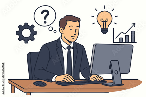 Businessman at computer analyzing business data and opportunities. Brainstorming ideas with lightbulb, problem solving with question mark and gear, tracking growth chart. Vector illustration.