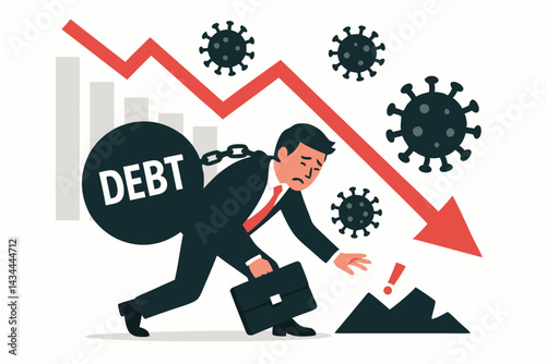 Economic recession vector: Stressed businessman carries heavy debt burden downhill following falling graph arrow, surrounded by virus icons, facing financial collapse danger.