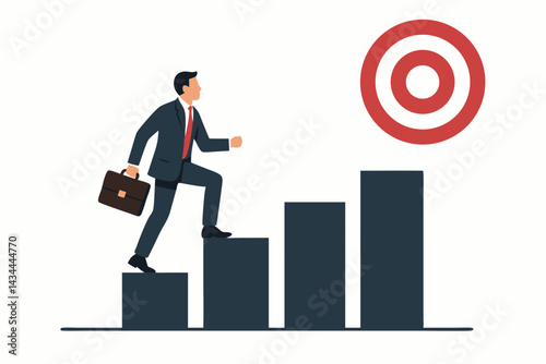 Businessman climbing bar chart steps towards a target goal, symbolizing career growth, business success journey, ambition, achievement, and professional progress vector illustration.