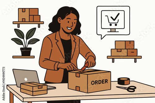 Happy small business owner woman packing cardboard box order for online shop customer. E-commerce fulfillment, shipping preparation, online transaction success vector graphic.