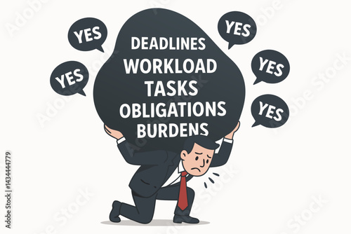 Overburdened businessman cartoon struggling under the immense weight of deadlines, workload, tasks, and obligations, symbolizing corporate stress, pressure, and burnout risk.