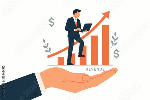 Vector illustration of ambitious businessman climbing upward revenue chart with laptop, supported by large hand representing investment, finance boost, and corporate success.