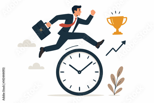 Time management vector illustration showing ambitious businessman with briefcase running on clock face, aiming for success, trophy, and financial growth chart progress.