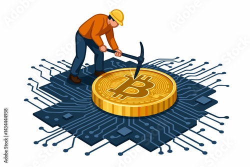 Isometric vector illustration of a miniature miner with a pickaxe extracting a golden Bitcoin from a digital circuit board, symbolizing cryptocurrency mining and blockchain technology.