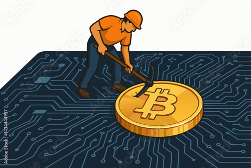 Miner character digging Bitcoin coin with pickaxe on digital circuit board, vector illustration concept for cryptocurrency mining, blockchain technology, crypto investment, and virtual finance.