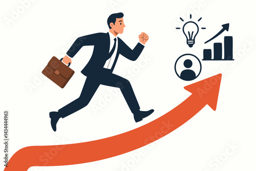 Career Growth and Success Journey: Flat vector illustration of a determined businessman with briefcase running up a rising arrow towards innovation, financial growth, and achievement.