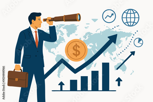 Businessman with telescope representing visionary financial forecast and global investment strategy. Stock market growth chart, world map background, business opportunity search vector illustration.