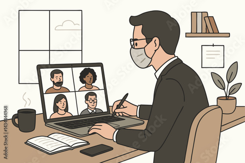 Illustrated Businessman in Face Mask Engages in Remote Team Video Call via Laptop - Modern Home Office, Virtual Collaboration, and Pandemic Work Concept Vector Graphic.