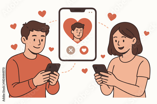 Vector illustration of online dating app, man and woman using smartphones to find love and connection, digital romance concept with couple matching profile and hearts.