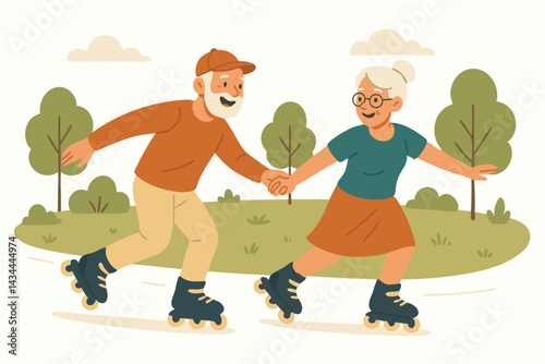 Vector illustration of a cheerful senior couple holding hands while roller skating in the park. Active elderly man and woman enjoying outdoor fun and healthy lifestyle.