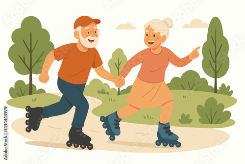 Happy active senior couple holding hands and roller skating in the park, enjoying retirement, healthy lifestyle vector illustration for healthy aging and leisure concepts.