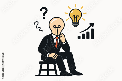 Concept illustration of a thinking businessman with a lightbulb head searching for innovative ideas and solutions, aiming for business growth and market success. Flat vector design.