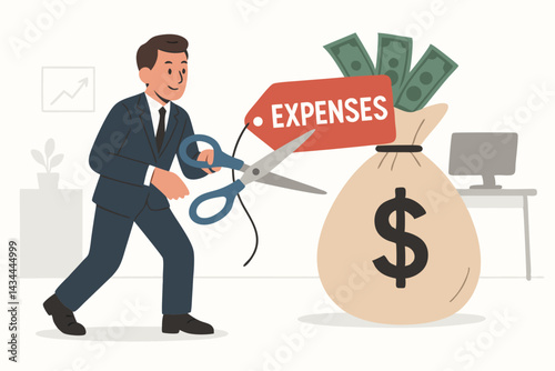 Financial management concept vector illustration shows businessman cutting expenses tag from money bag with scissors, symbolizing cost reduction, savings, and budget optimization.
