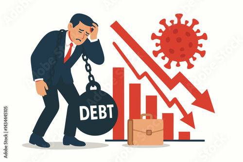 Burdened businessman chained to heavy debt ball illustrates financial struggle and economic crisis due to Covid-19 pandemic, downturn graph shows recession impact vector.