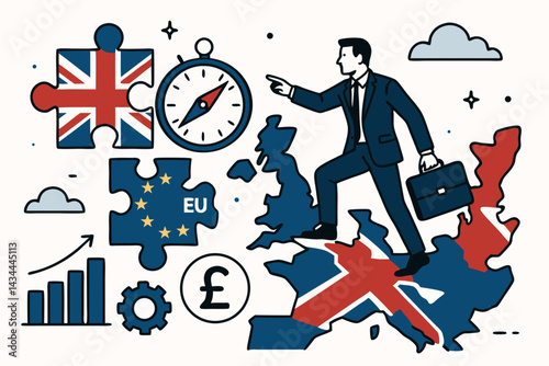Vector illustration depicting UK post-Brexit challenges and opportunities: Businessman navigating map, EU puzzle, compass, pound symbol, and growth chart for strategic planning.