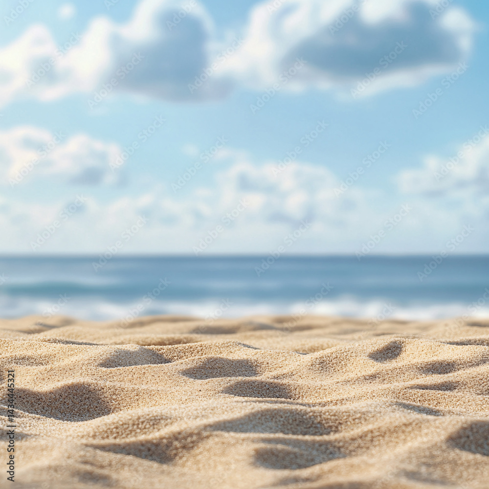 Background with sand in the foreground and sky in the background. summer beach nature with rays of sunlight. golden sand beach. sea water against blue sky with clouds