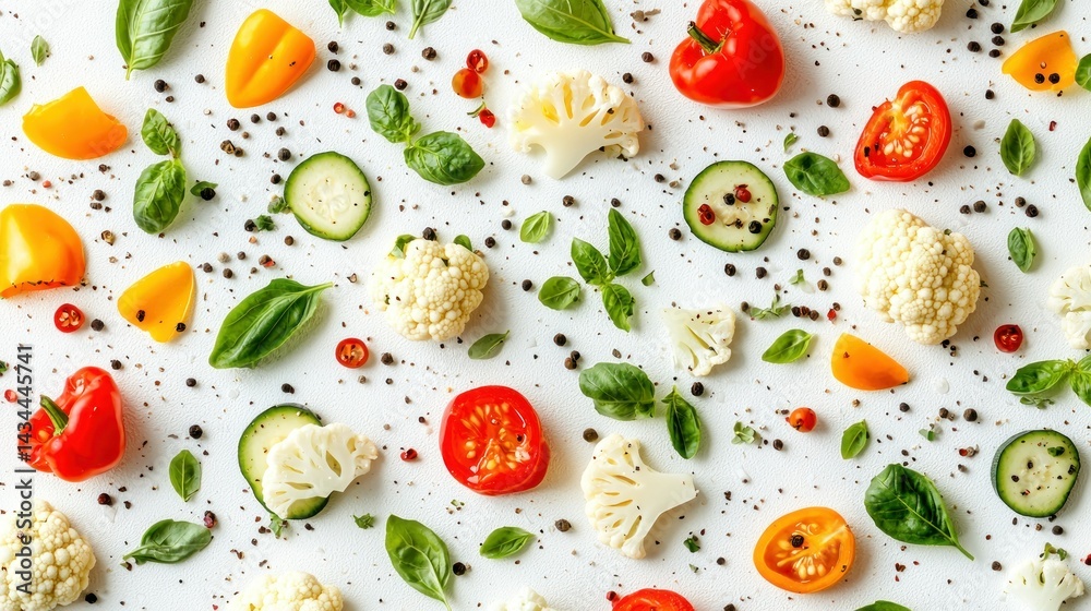 Veggies scattered on white colourful, fresh, and vibrant Veggies scattered on white colourful, fresh, and vibrant
