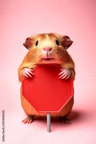 Sign holder in frame. Cute baby animal guinea pig hold in front paws a wireframe - large red zoo sign. Isolated baby animal on a solid uniform pink background. Ad with wild mockup.