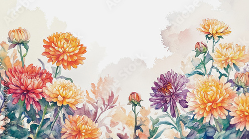 watercolor botanical Chrysanthemum flowers texture template background.Elegant wedding invitation card background . Minimal hand painted Design for wedding or Valentine's Day