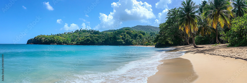 Panorama of tropical sea beach with palm trees. coconut palms and calm sea. Romantic vacation. Magnificent landscape. ocean. lagoon