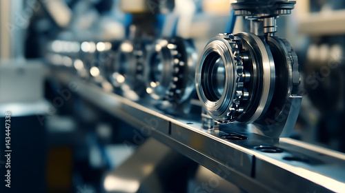 Mechanical arm assembling precision ball bearings in a high tech manufacturing facility, neat workstations and bearing components visible, Bearing assembly style