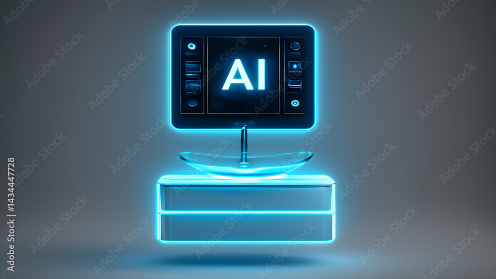 Glowing futuristic bathroom vanity with digital screen displaying AI text in neon blue light, modern technology concept Glowing futuristic bathroom vanity with digital screen displaying AI text in neon blue light, modern technology concept