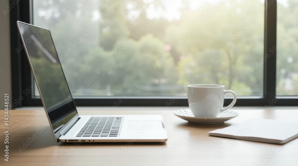 Fototapeta premium Sleek silver laptop and white coffee cup on clean wooden desk, minimalist workspace with bright natural light.
