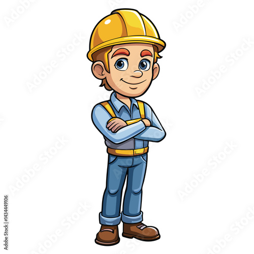 Cartoon worker in safety helmet and work clothes