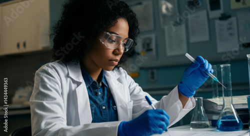 African female scientist conducting laboratory research with blue gloves and protective eyewear