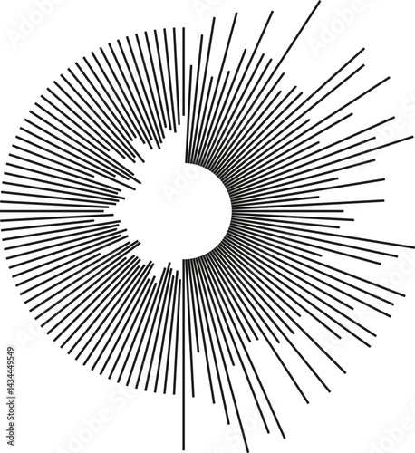 Circular shape with irregular rays half inside and half outside, with a small empty circle at the center.