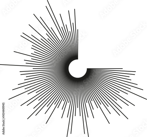 Circular shape missing one-quarter of the rays, with very long irregular rays extending outward.