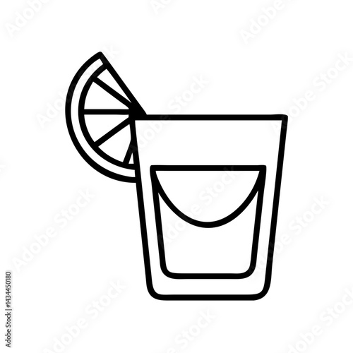 Outline tequila shot glass with lemon slice vector art illustration for bar and cocktail menu design