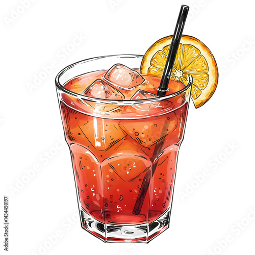 Refreshing Red Cocktail with Ice and Orange on transparent background