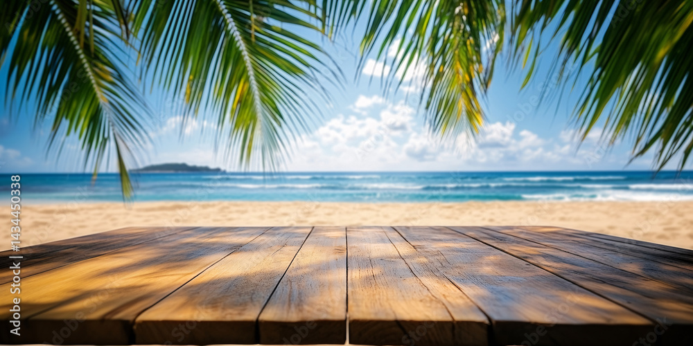 Empty background with wooden floor on beach with palm trees. banner for advertising product. Wooden tabletop in front. blurred background. empty bar counter